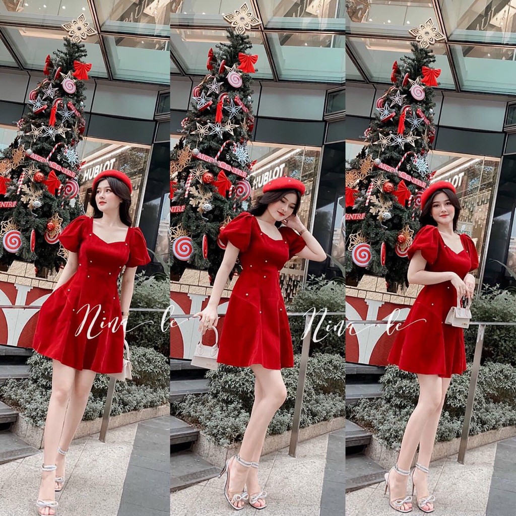 Đầm Xòe Tay Phồng Đính Cườm,Có Mút Ngực,Chất Liệu Umi,Màu Sắc Nhã Nhặn