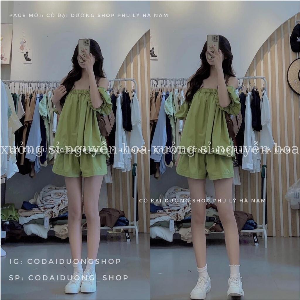 Sét bộ áo trễ vai tay bồng kèm quần sooc đùi 2 màu trắng xanh bơ siêu xinh chất đũi xước xịn chuẩn ảnh