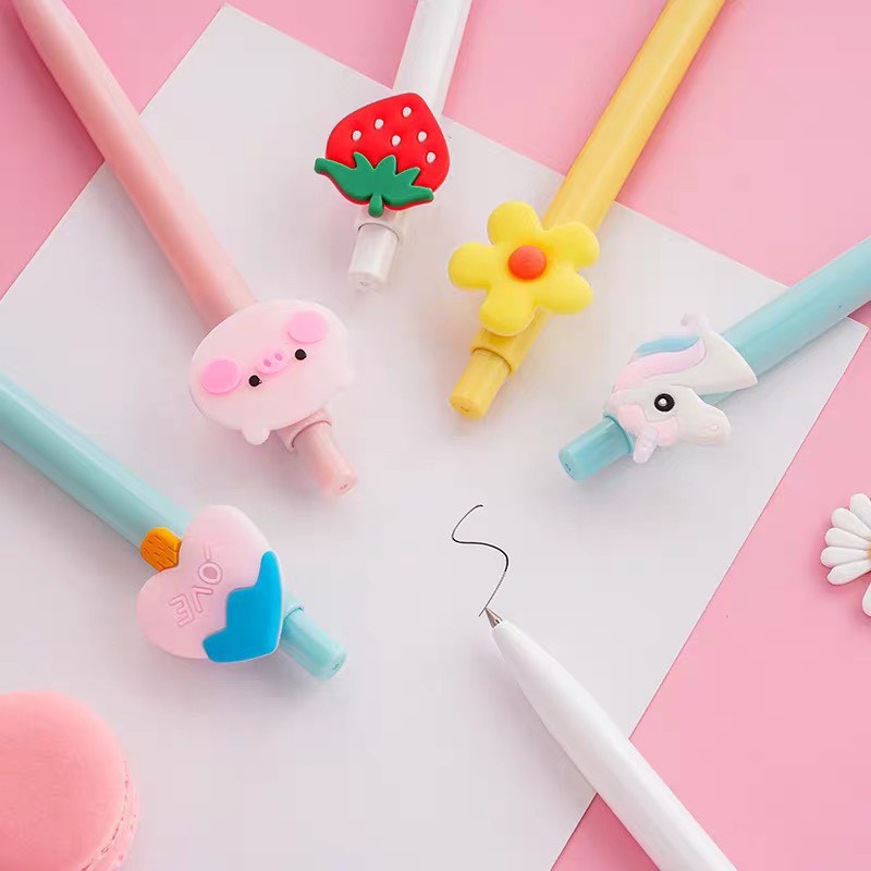 Bút Bi Macaron Bấm Gel Đen Gắn icon Cute Xinh Xắn Dễ Thương