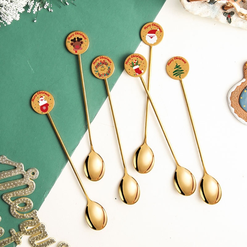 Set 6 Muỗng Cà Phê Bằng Thép Không Gỉ 304 Trang Trí Giáng Sinh Năm Mới
