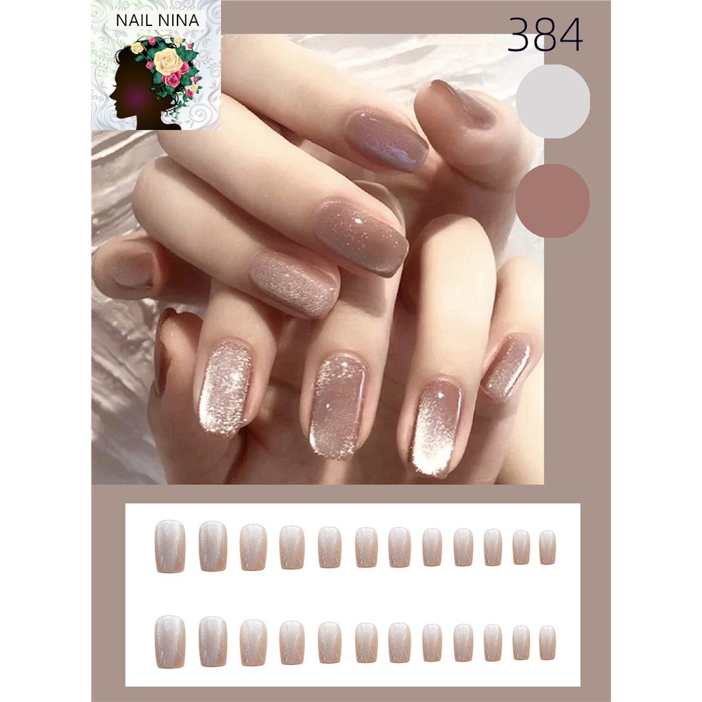 Bộ 24 móng tay giả Nail Nina trang trí ánh bạc hồng mã 384【Tặng kèm dụng cụ lắp】