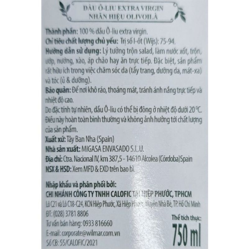 Dầu olive nguyên chất olivoila extra virgin 250ml và750ml