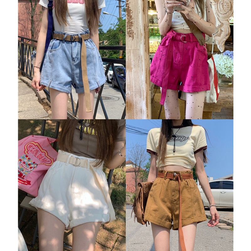 Quần Short Denim Lưng Cao Ống Rộng Phối Thắt Lưng Cá Tính Thời Trang Dành Cho Mùa Hè