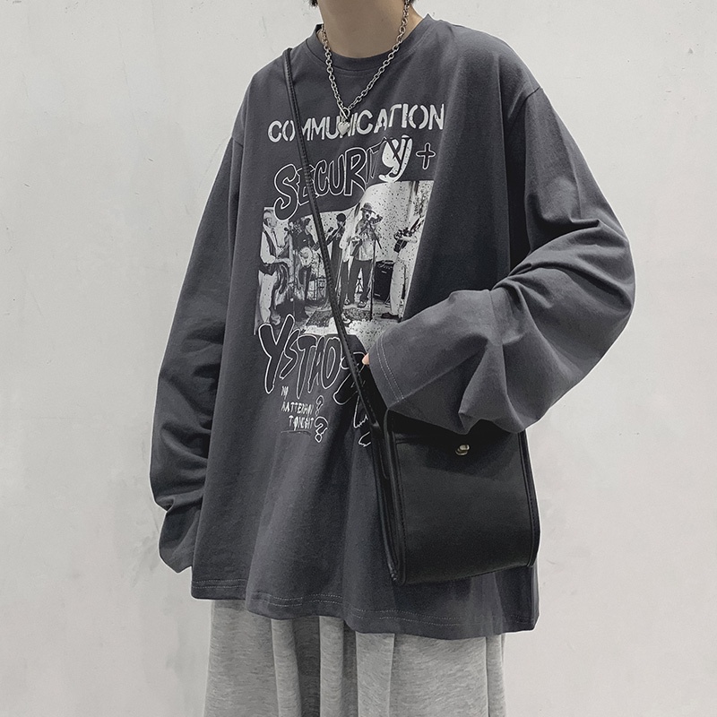 Áo thun tay dài dáng rộng in họa tiết hoạt hình phong cách đường phố Hàn Quốc cho nam size M-5XL
