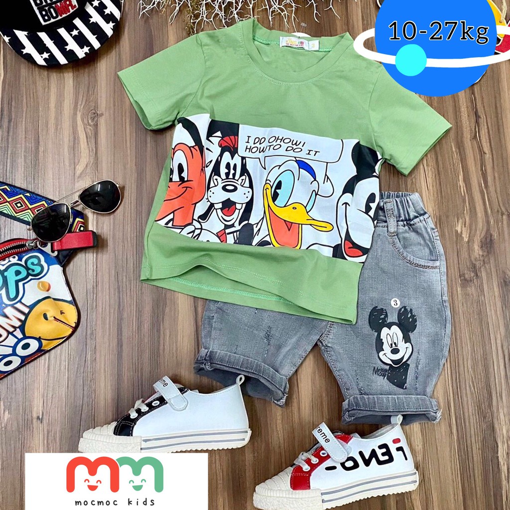 Quần áo trẻ em Mocmoc Kids - Sets quần jeansco giãn thoải mái và áo thun in hoạt hình sắc nét cho bé trai từ 10-28kg