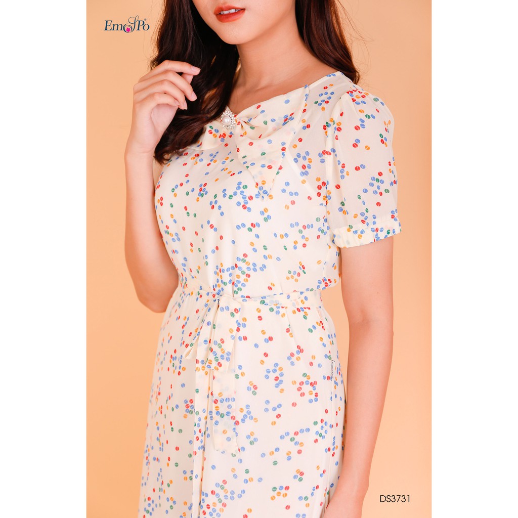 Đầm suông tay bo chun nơ kèm lót hai dây Emspo DS3731 (Be, Vàng)