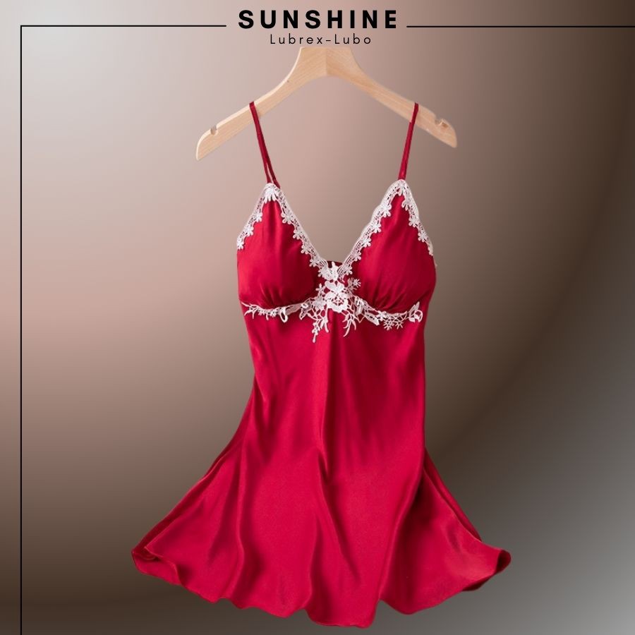 Váy Ngủ Lụa Sexy 2 Dây  Satin Phối Ren Có Mút Ngực Quyến Rũ Gợi Cảm Màu ĐỎ - SUNSHINE LUBREXLUBO -VL165