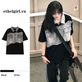 Ethelgirl Xiaozhainv Denim áo sơ mi polo tay ngắn Áo thun nữ quần áo dáng rộng sang trọng hàng đầu