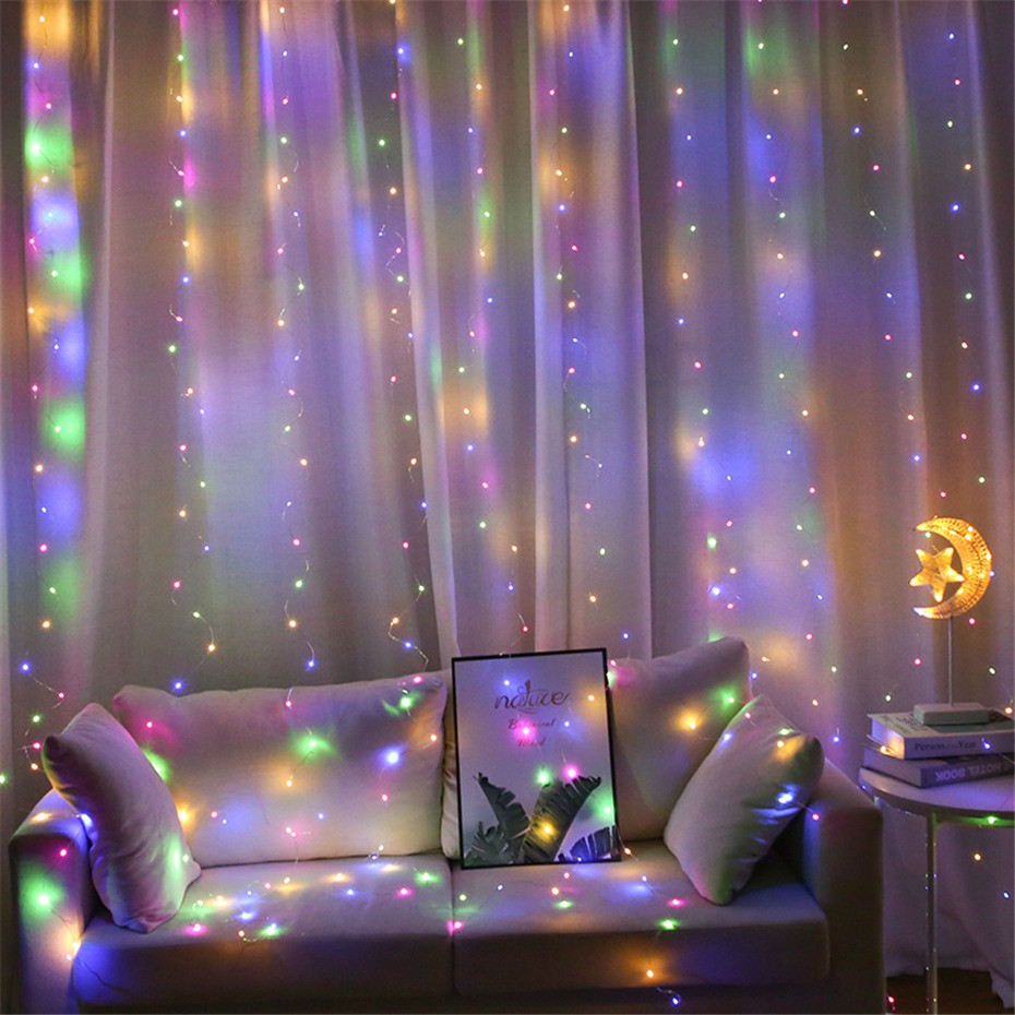 Remote Control LED Window Curtain String Lights/Christmas Wedding New Year 8 Modes Fairy Lights Garland/Home Bedroom Decor Holiday Decorations USB Strip Lighting