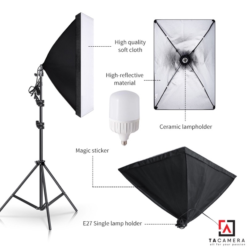 Bộ Kit E27 Kèm Softbox 60x90cm + Chân Đèn 2m (Chân nhỏ) + Bóng Đèn LED Siêu Sáng 50W