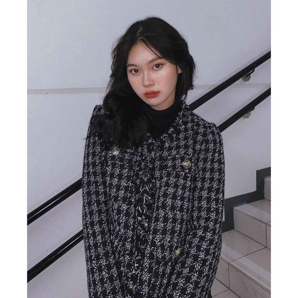 Áo khoác tweed tua rua có túi đen tingoan SECRET DREAMER JACKET/BL