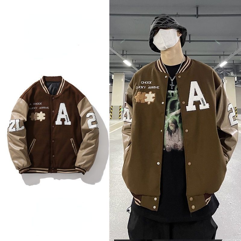 Áo khoác cổ điển Mỹ nam và nữ lỏng lẻo khâu tất cả các trận đấu bằng da PU tay áo cặp đôi đồng phục bóng chày