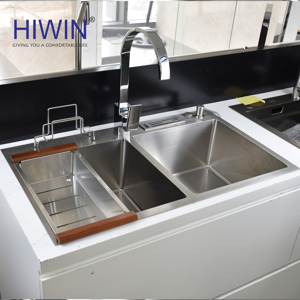 Chậu rửa bát 2 ngăn tích hợp khay đựng đồ Inox 304 Hiwin KS-8148