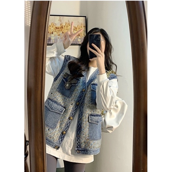 Áo gile dạ Tweed phối bò denim Ulzzang siêu xinh ❤️