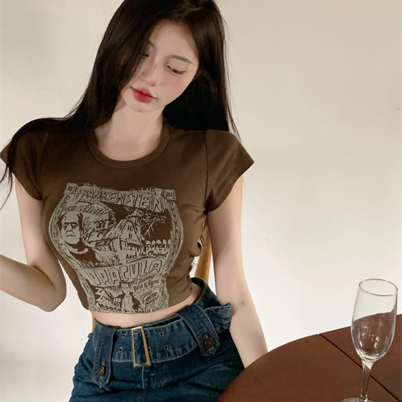 Áo Thun Lửng Tay Ngắn Phong Cách Retro Dành Cho Nữ