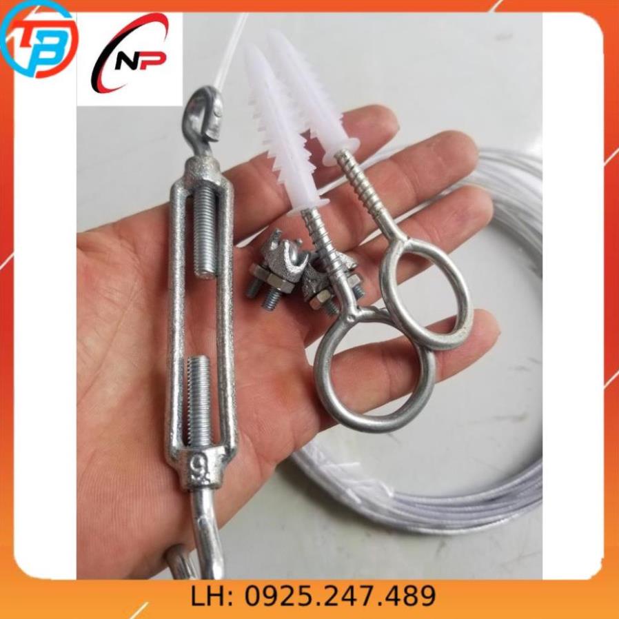 combo 10 Mét Cáp Bọc nhựa 3mm kèm 1 tăng đơ,2 ốc siết cáp,2 khoen +tắc kê gắn tường.Làm dây phơi quần áo chống gỉ sét..