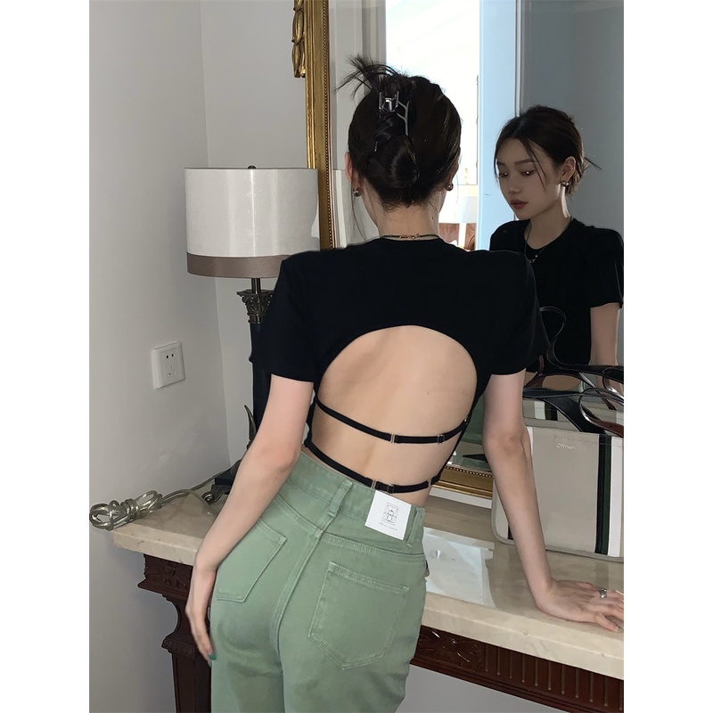 Cocory vn Áo Thun Tay Ngắn Hở Lưng Màu Trơn Thời Trang Quyến Rũ Cho Nữ