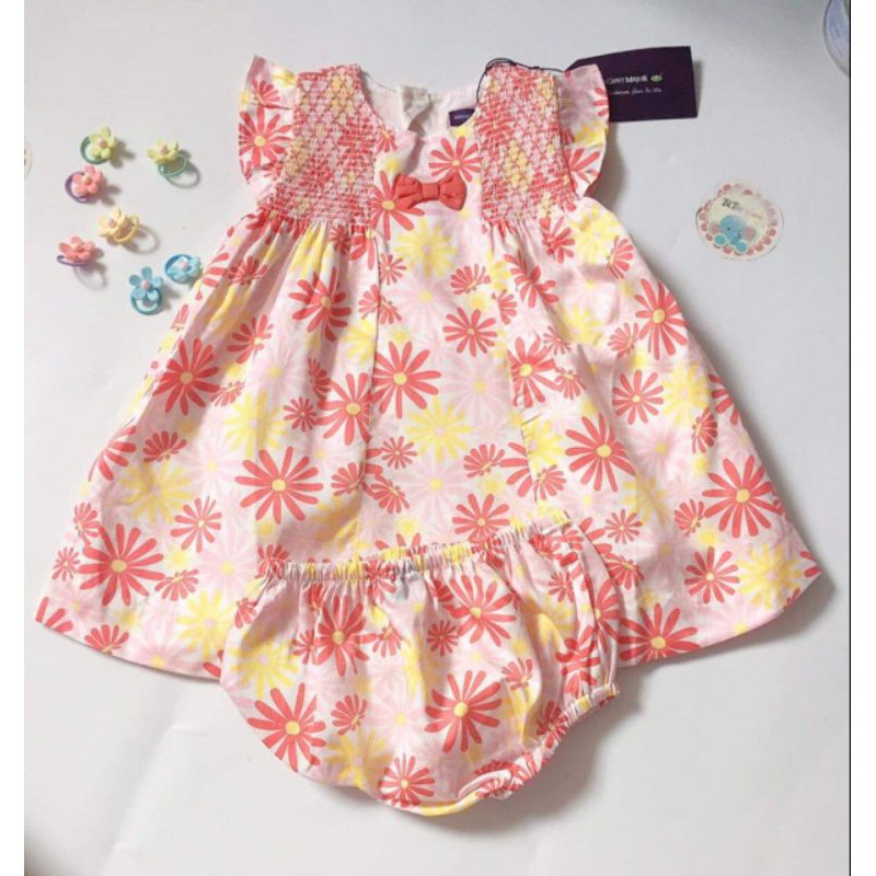Set đầm Smock hoa + chip Sergent Major xuất Pháp