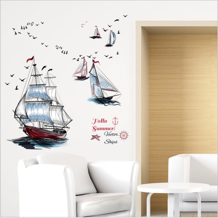 (HCM loại 1) Decal trang trí dán văn phòng, phòng làm việc, góc học tập Thuyền buồm số 3 đủ màu HCM