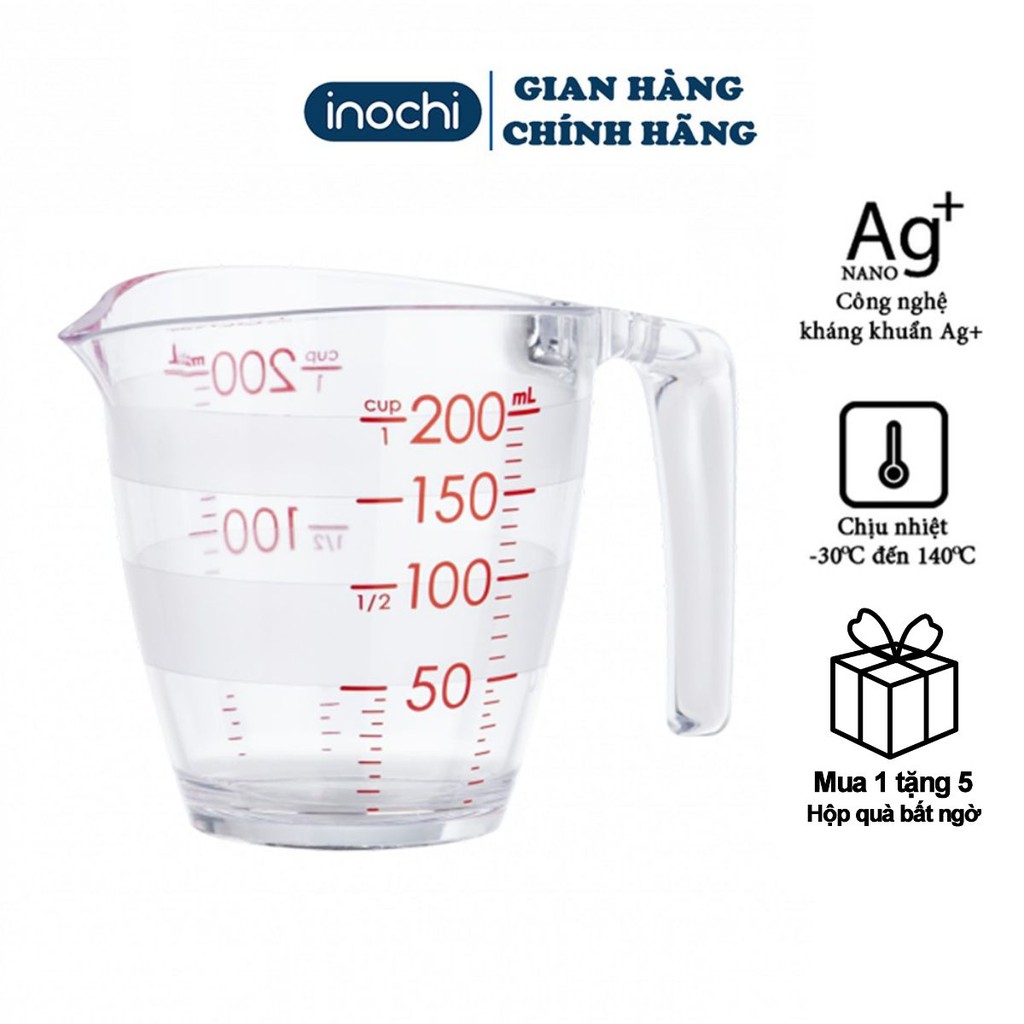 Cốc định lượng YOKO INOCHI cốc đong nhựa 200ml dung dịch dùng trong nấu ăn pha chế nhựa nguyên sinh kháng khuẩn Ag+