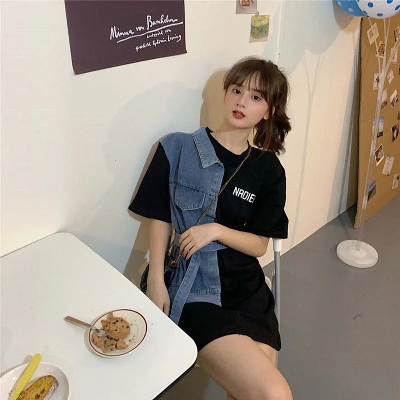 Niche design T-shirt women's 2020 new denim patchwork top women's summer all-matching graceful short sleeve women's ins