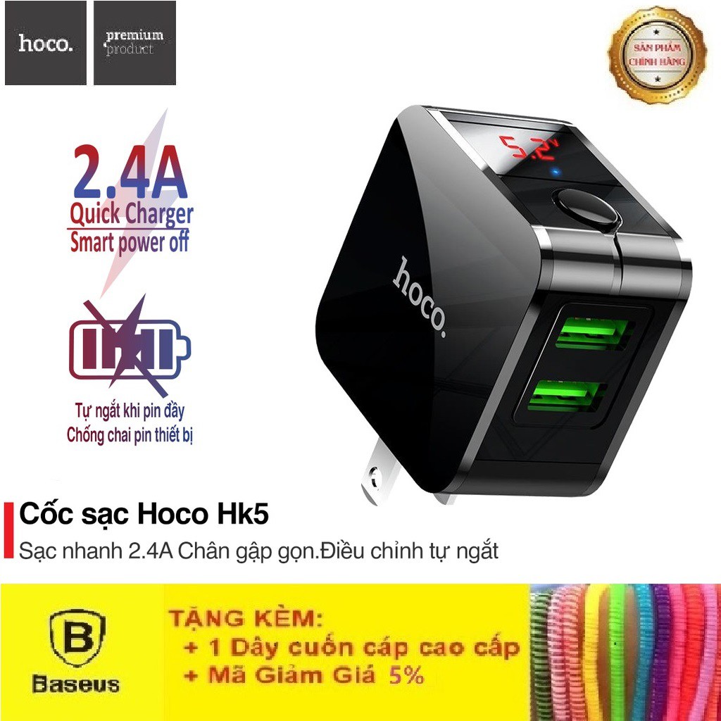 Cốc Sạc Đa Năng 2 Cổng💝CAO CẤP💝Củ Sạc Hoco HK5 Dual USB Cốc Sạc Nhanh Tự Ngắt Có Màn Hình LED Hiển Thị - Bảo Hành 12T