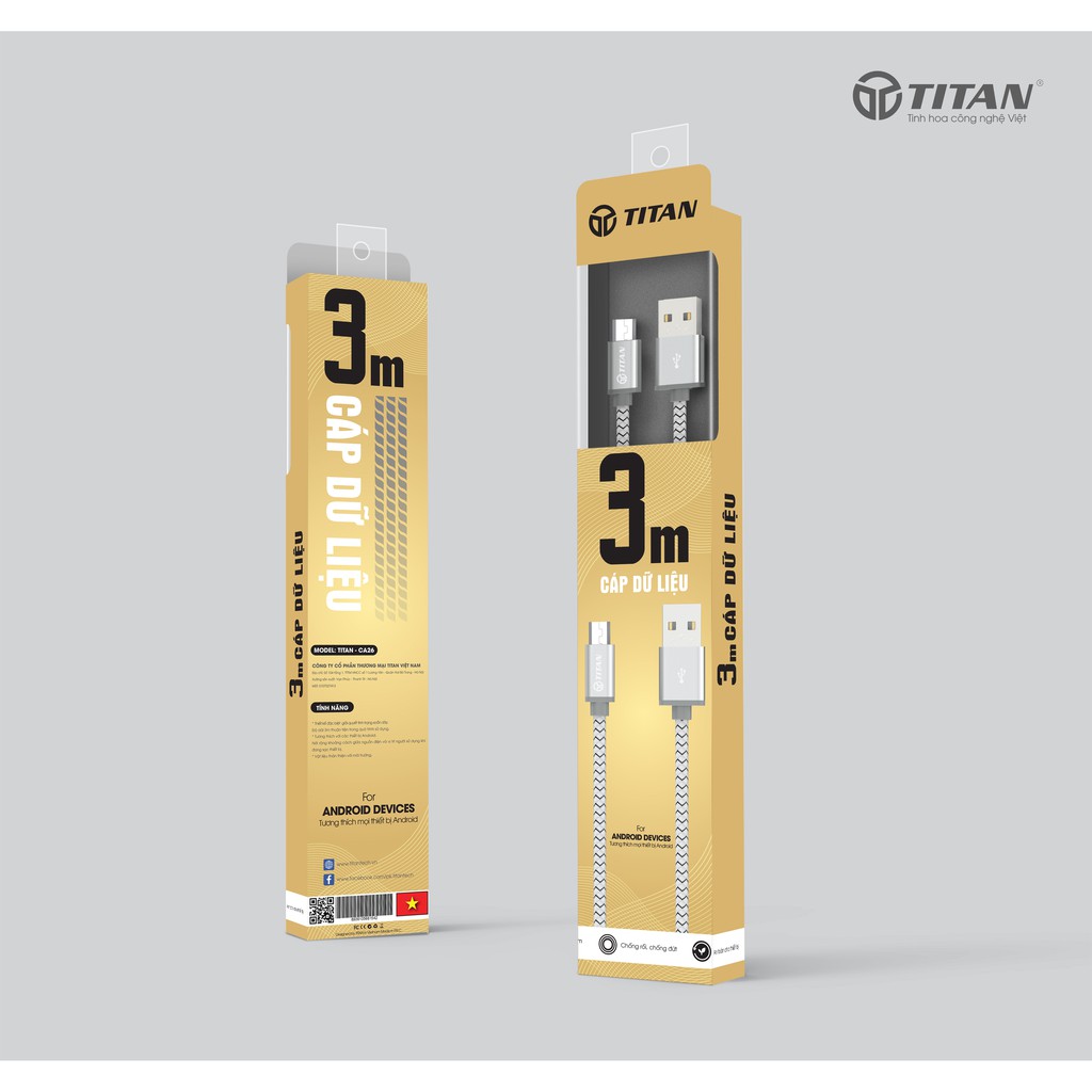 Cáp Sạc IPhone / Samsung Titan Dài 3M Chính Hãng - Bảo Hành 12 Tháng