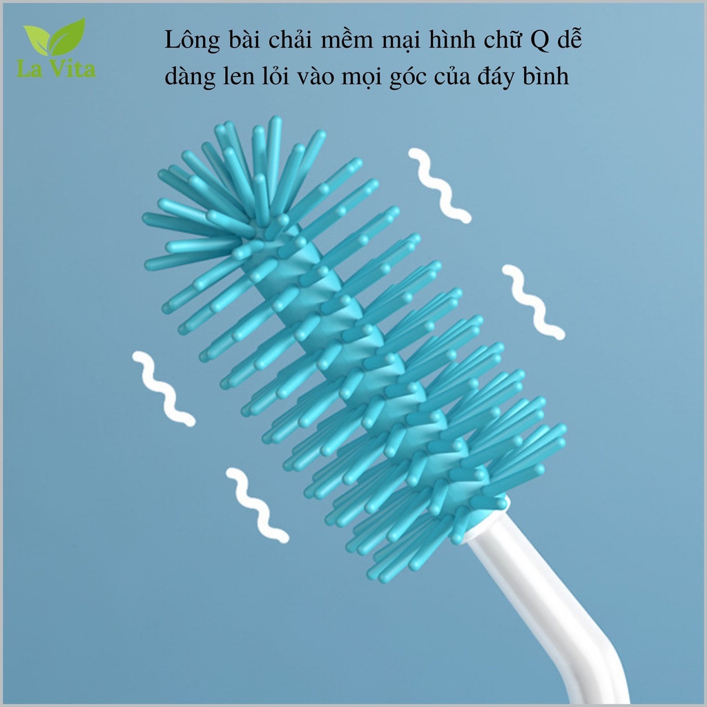 Cọ rửa bình sữa silicon La Vita [CHÍNH HÃNG] cao cấp  3 chi tiết 1 cây cọ bình và 1 cây cọ núm ti Tay cầm xoay 360 độ