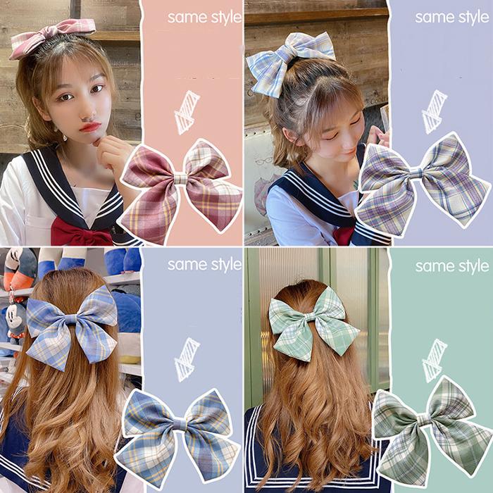 Kẹp tóc phối nơ cỡ lớn in họa tiết sọc caro chất liệu satin phong cách Nhật Bản tinh tế cho nữ