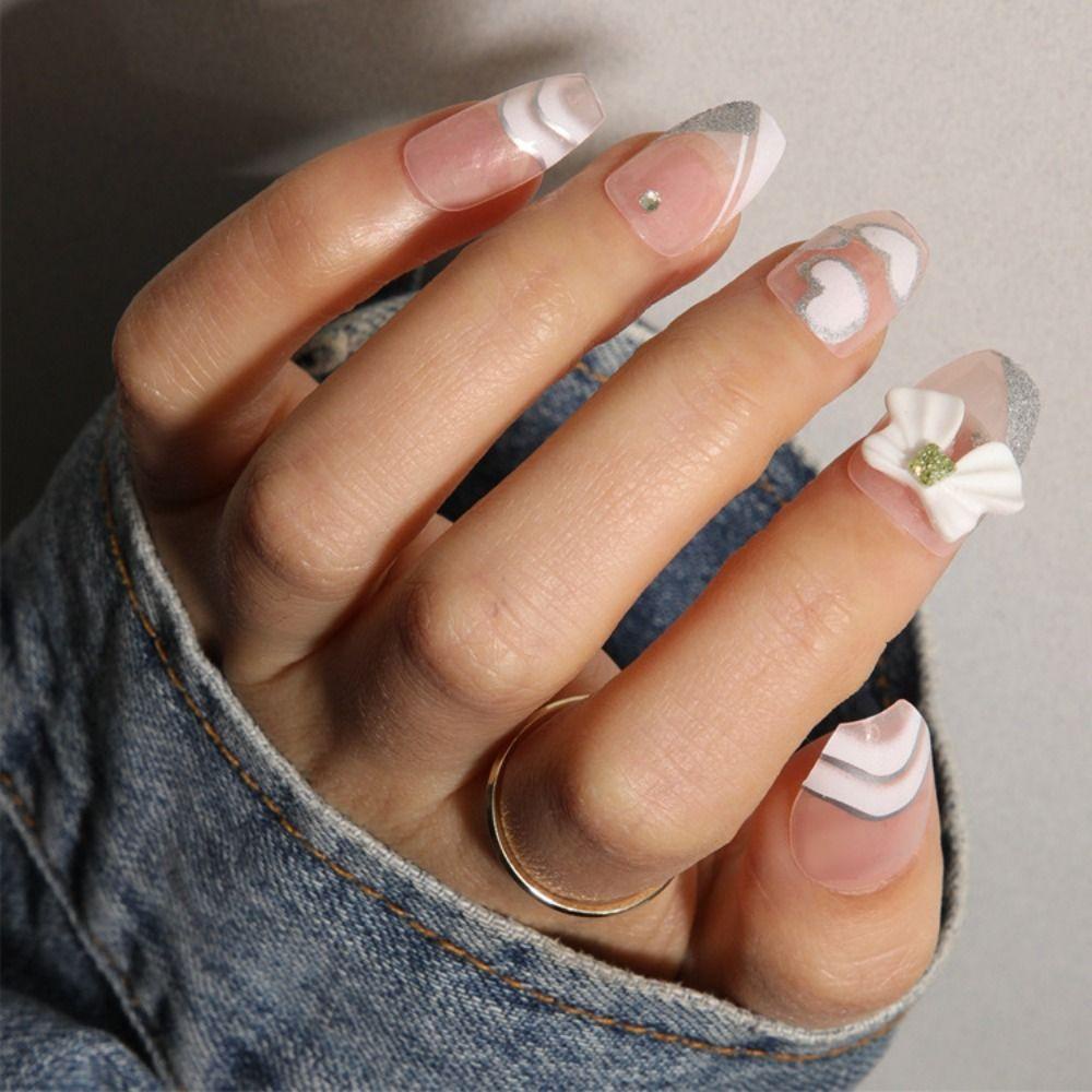 Bộ 24 Móng Tay Giả Đính Nơ Kim Tuyến Lấp Lánh DIY