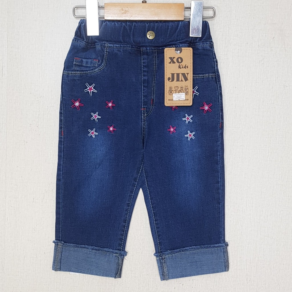 BJ0018 - Quần Jean nữ lửng co giãn thêu sao biển + bông hoa màu xanh, hiệu XOKids, size 7-12 cho bé từ 15-35kg