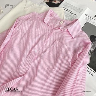 Áo sơ mi u2 hồng kẻ trắng cổ đức tay dài basic