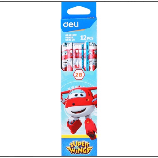 Bút chì gỗ, chì đen chuốt 2B Deli U525 Super Wings - thân lục giác, hoạt hình, có đầu gôm - 1 Cây