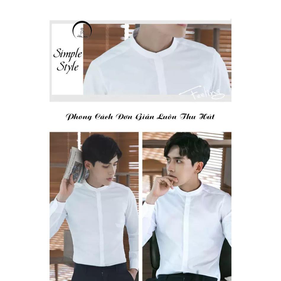 Áo sơ mi trắng nam  form rộng cổ trụ dài tay vải lụa dày dặn kiểu Hàn Quốc | HD2000Shop ་