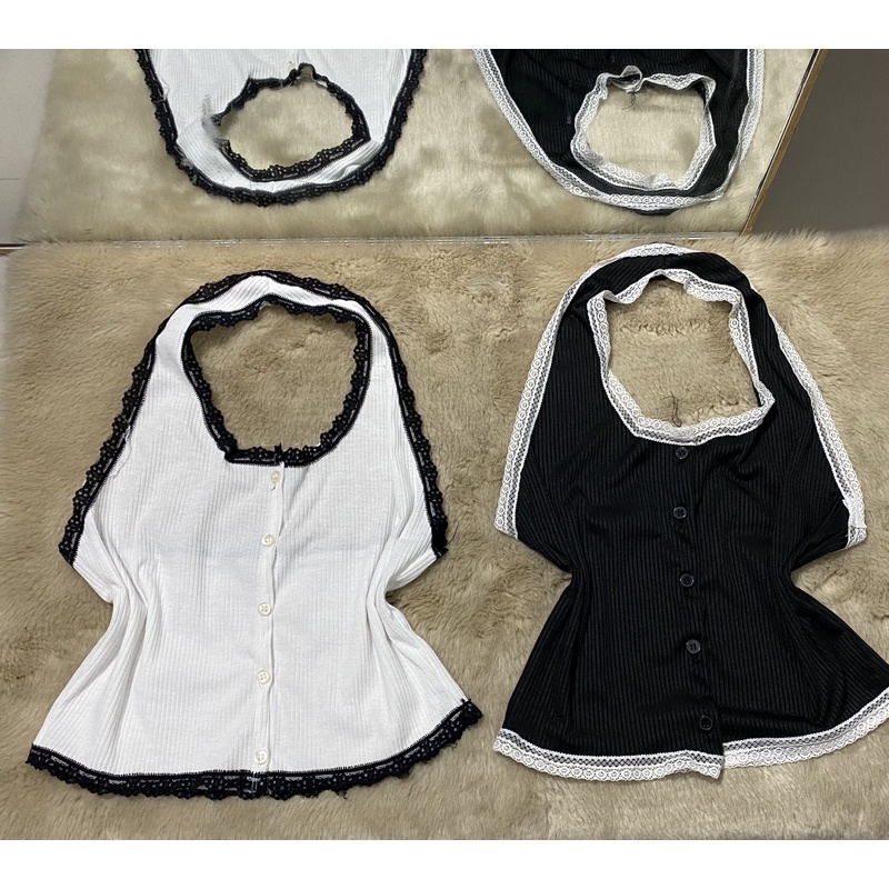 Áo croptop nữ kiểu chồng cổ phối viền ren cá tính | BigBuy360 - bigbuy360.vn