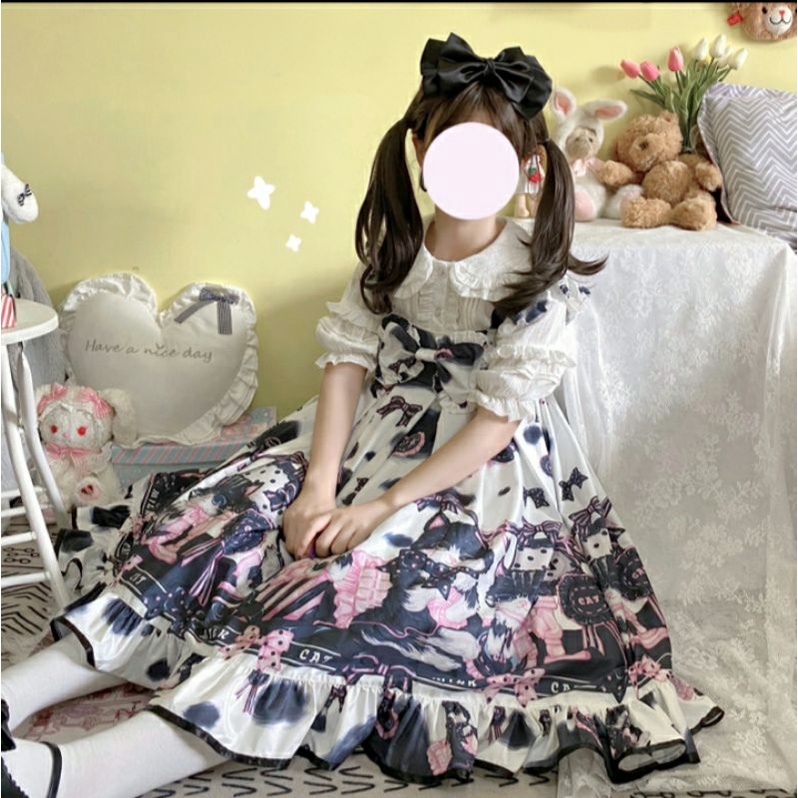 Đầm Lolita Hoạ Tiết Mèo Bò Sữa