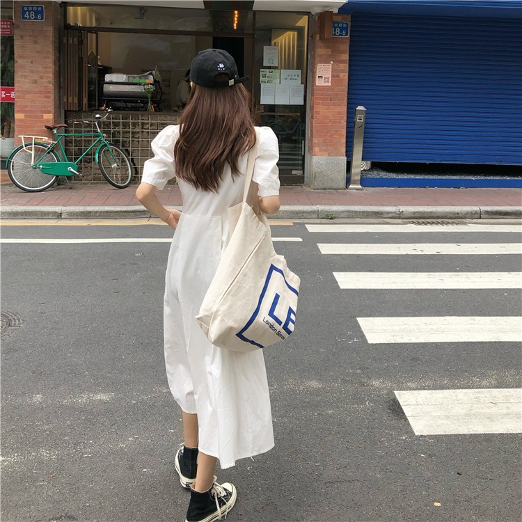 Đầm Midi Trắng Dáng dài Form chữ A Ngắn tay Form rộng Cổ sơ mi Ulzzang Hàn Quốc Váy Midi dài Tay bồng Thời trang