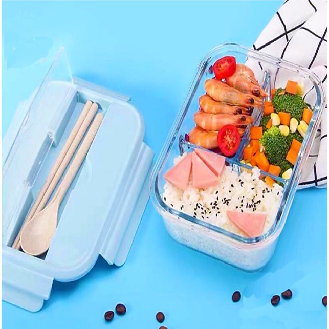Hộp Đựng Cơm Văn Phòng Thủy Tinh Cao Cấp Có Chia 3 Ngăn - Kèm Bộ Muỗng Đũa