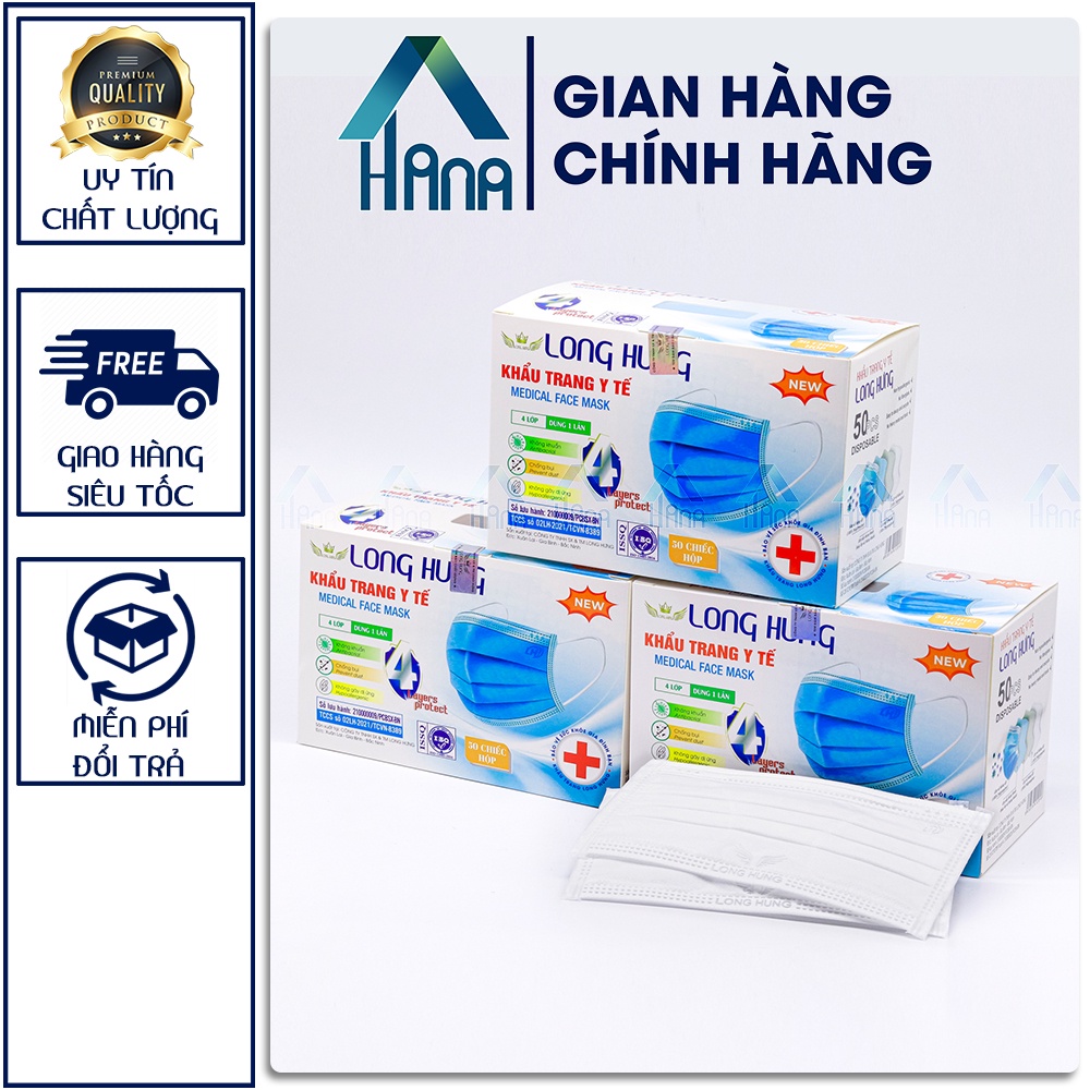 Khẩu trang y tế, Khẩu trang Long Hưng màu trắng,hàng chính hãng, hộp 50 cái