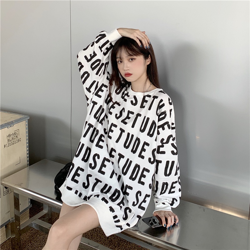 ZHELIHANGFEI Áo Nỉ Tay Dài Dáng Rộng In Chữ Cá Tính Trẻ Trung Hợp Thời Trang