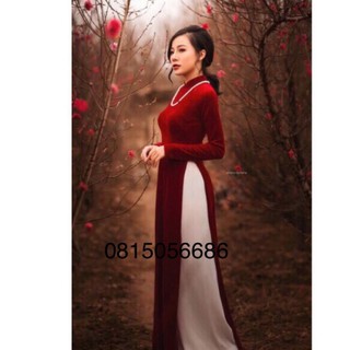 Bộ áo dài nhung đỏ  kèm quần lụa trắng