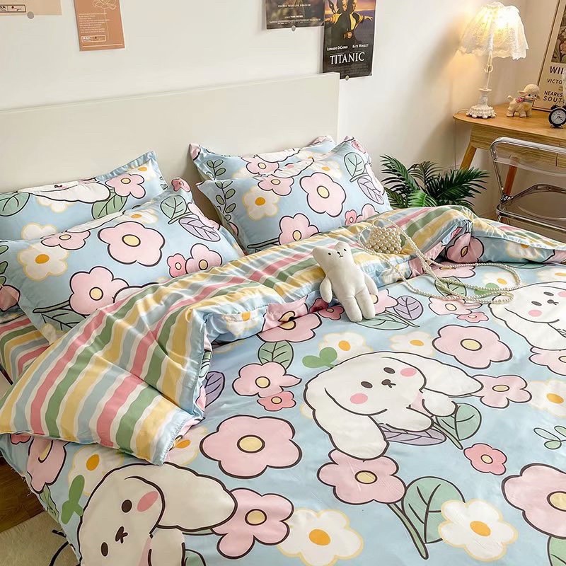 Chăn ga gối cotton poly - Mẫu thỏ hoa hồng