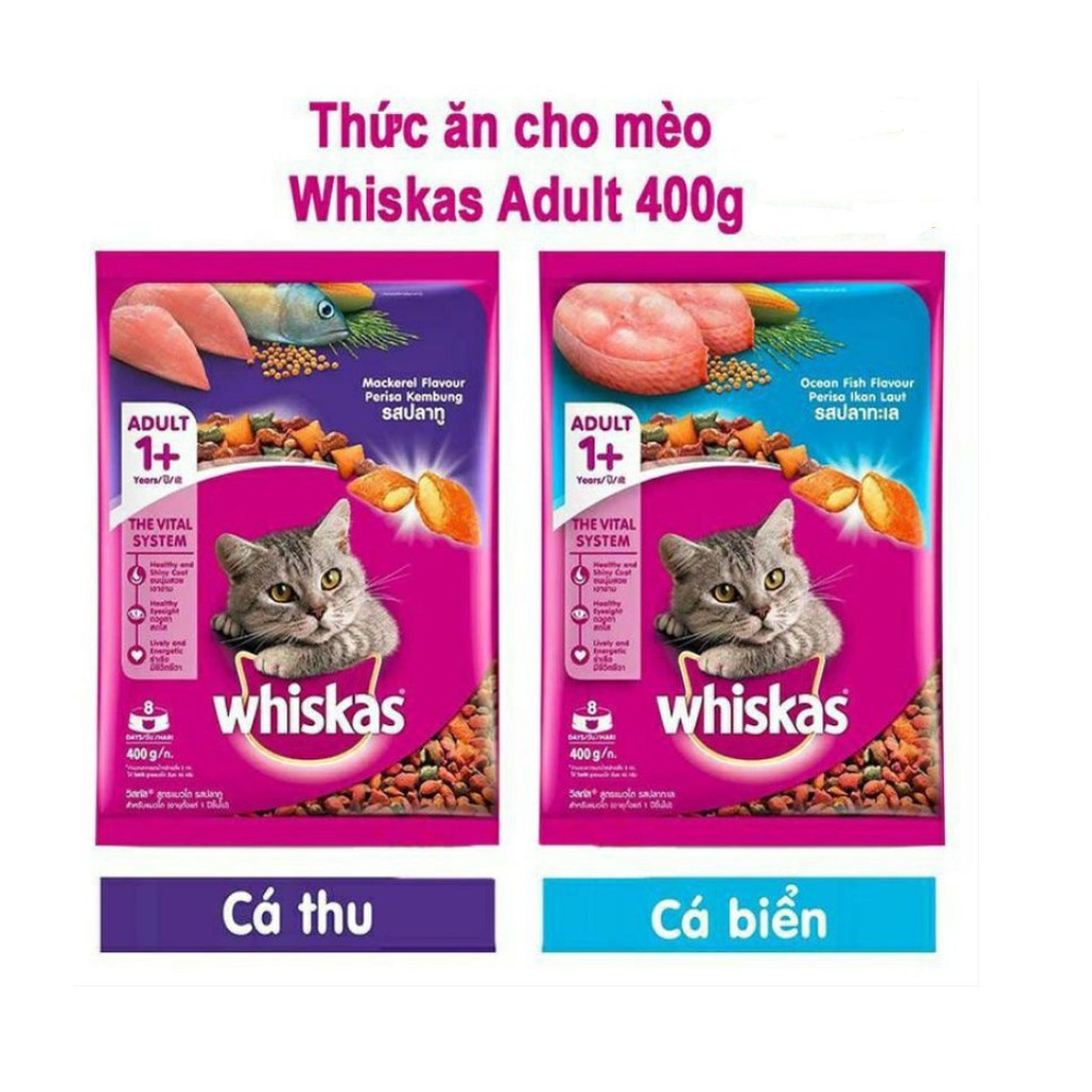 Thức Ăn Cho Mèo Whiskas Adult Gói 400g, Hạt cho mèo lớn Vị Cá Biển và Cá Thu