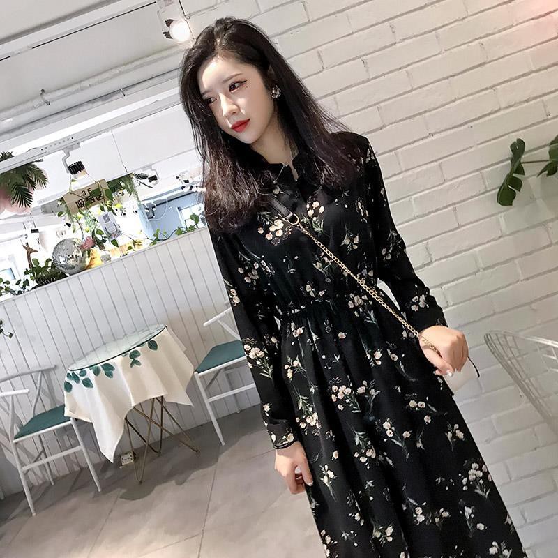 Korean style classic long-sleeve floral chiffon dress