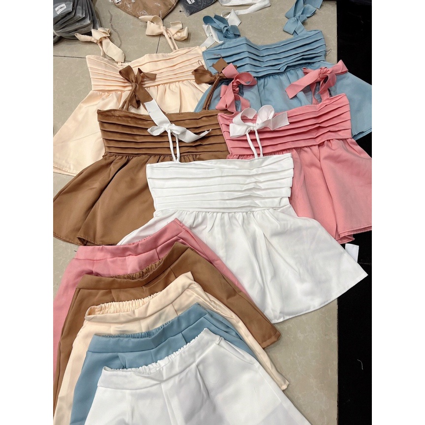 Set 2 dây babydoll dập vân chất tapta, set bánh bèo đi chơi kèm ảnh thật, bộ đùi xòe hai dây nơ