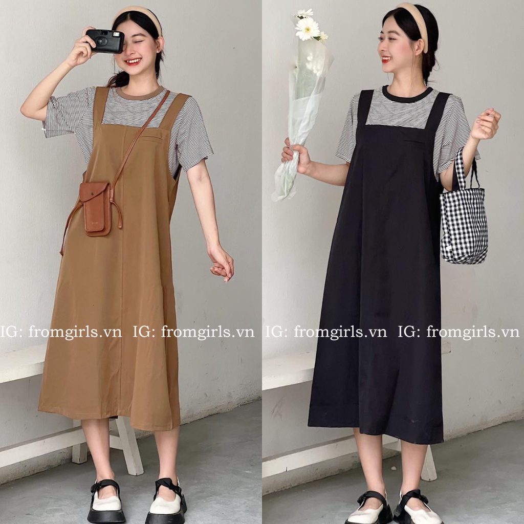 Set váy yếm maxi mix áo phông ngắn tay kẻ ngang đen vintage - SET26
