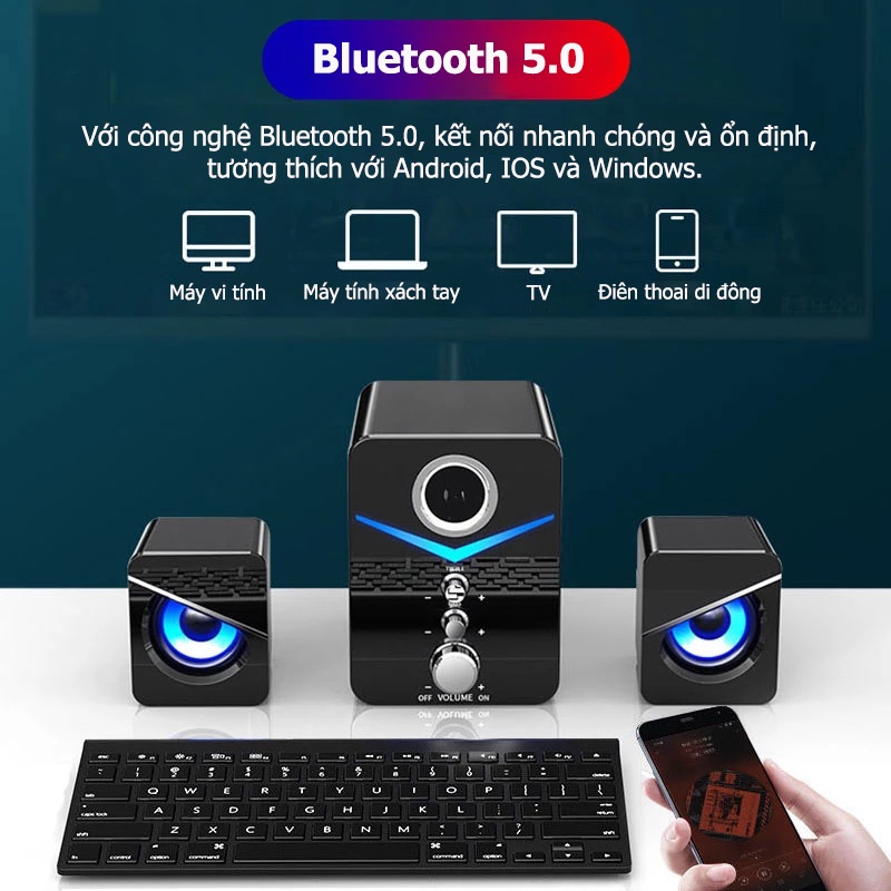 Loa máy tính để bàn D221 AUX & Bluetooth loa vi tính với 3 lớn kèn , âm thanh nổi siêu BASS và 9D, với đèn LED cực ngầu