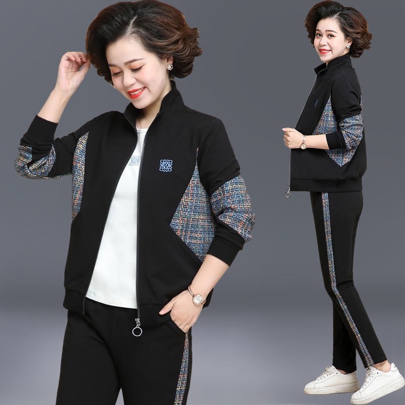 Mẹ mặc bộ đồ mùa xuân áo khoác phong cách phương tây 2021 mới trung niên và cao tuổi bộ đồ thể thao giản dị nữ bộ đồ ba