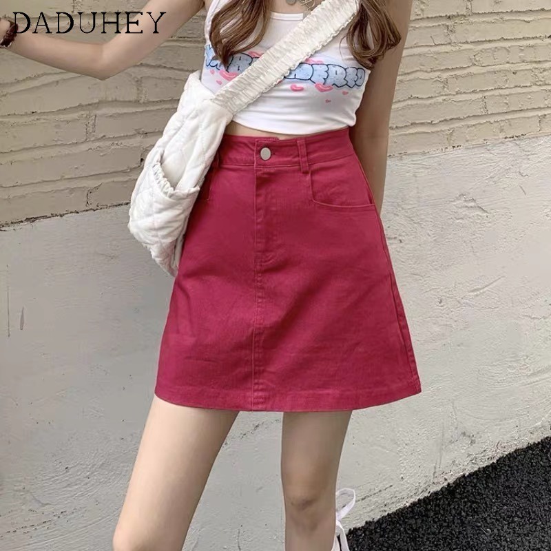 Váy chữ A denim DaDuHey eo cao màu đỏ XS - 2XL mới 2022 cho nữ