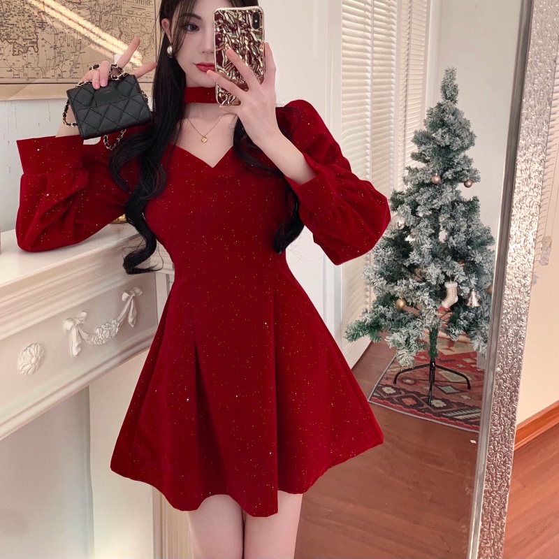 IELGY Đầm Nhung Chữ A Tay Dài Lưng Cao Lấp Lánh Thời Trang Giáng Sinh Cho Nữ
